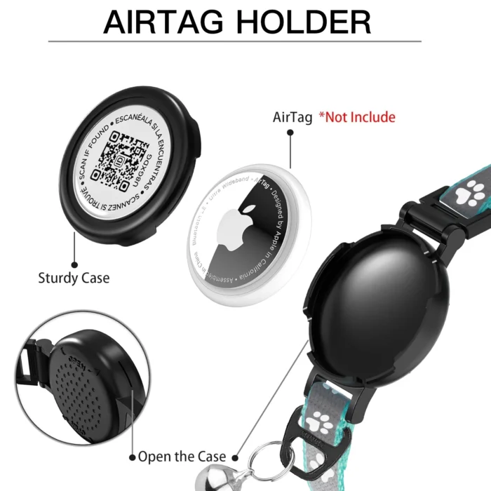 QR ID Tag + GPS Tracker holder + Cat collar Breakaway for apple airtag, Kitten Collar with Bell Fits Cats Gatos Puppy waterproof