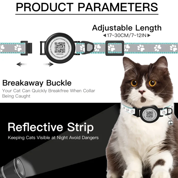 QR ID Tag + GPS Tracker holder + Cat collar Breakaway for apple airtag, Kitten Collar with Bell Fits Cats Gatos Puppy waterproof