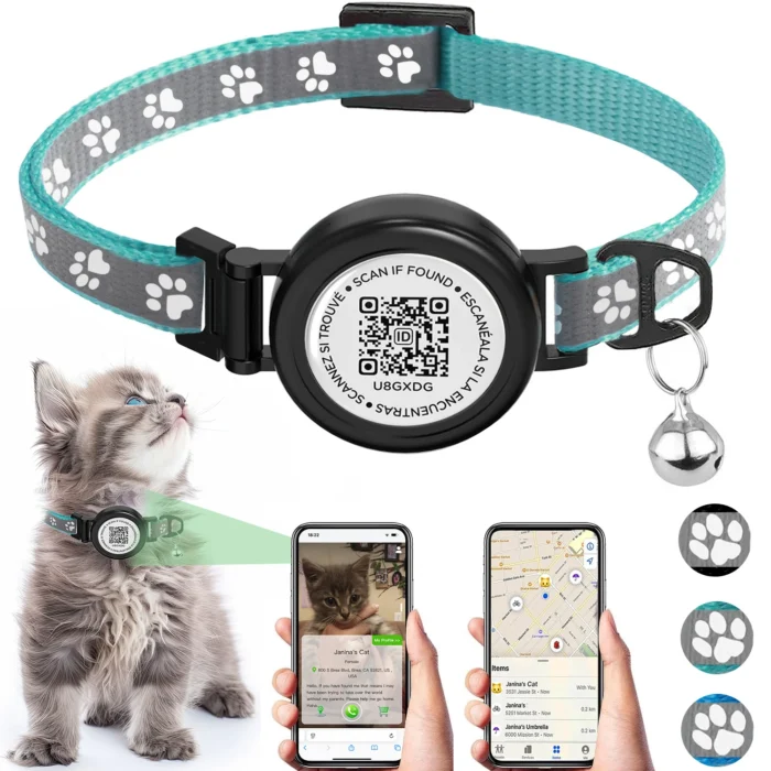 QR ID Tag + GPS Tracker holder + Cat collar Breakaway for apple airtag, Kitten Collar with Bell Fits Cats Gatos Puppy waterproof